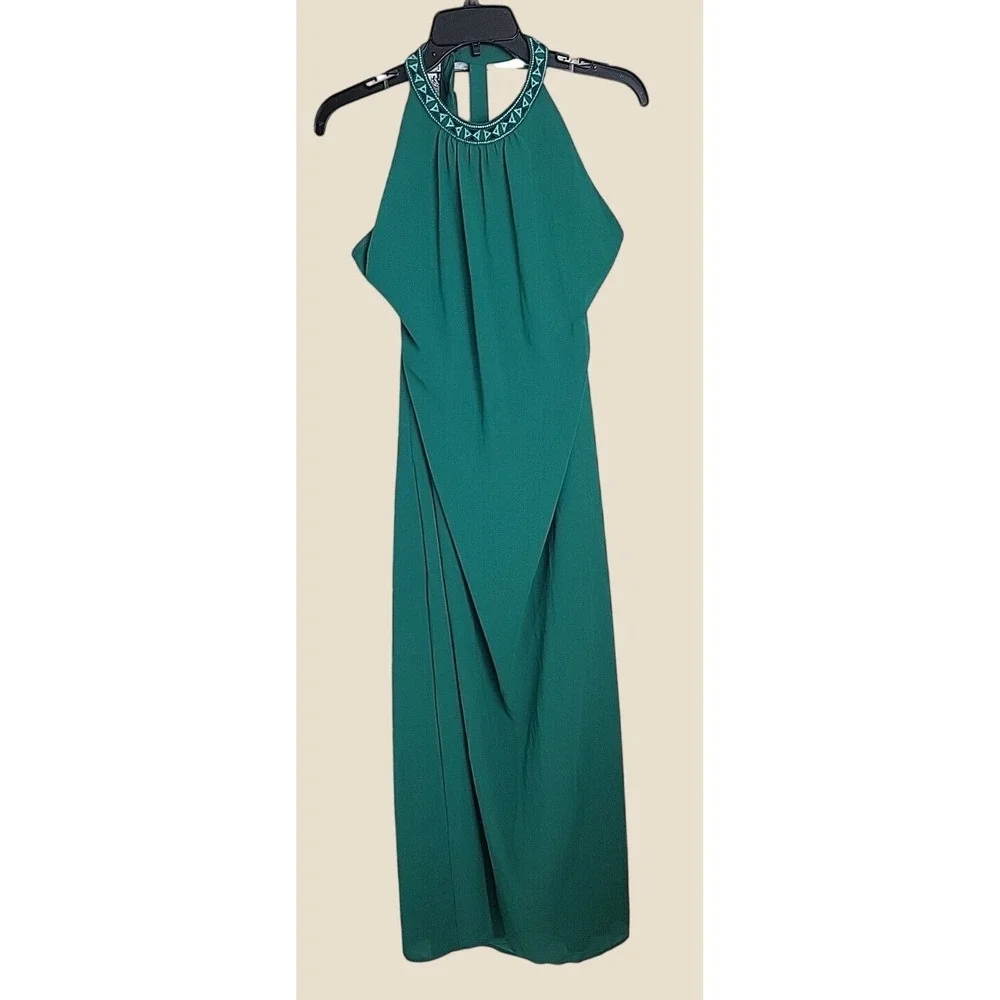 NWT Maurices Maxi Dress Boho Beaded Halter Neck Evening Gown Teal Green Large